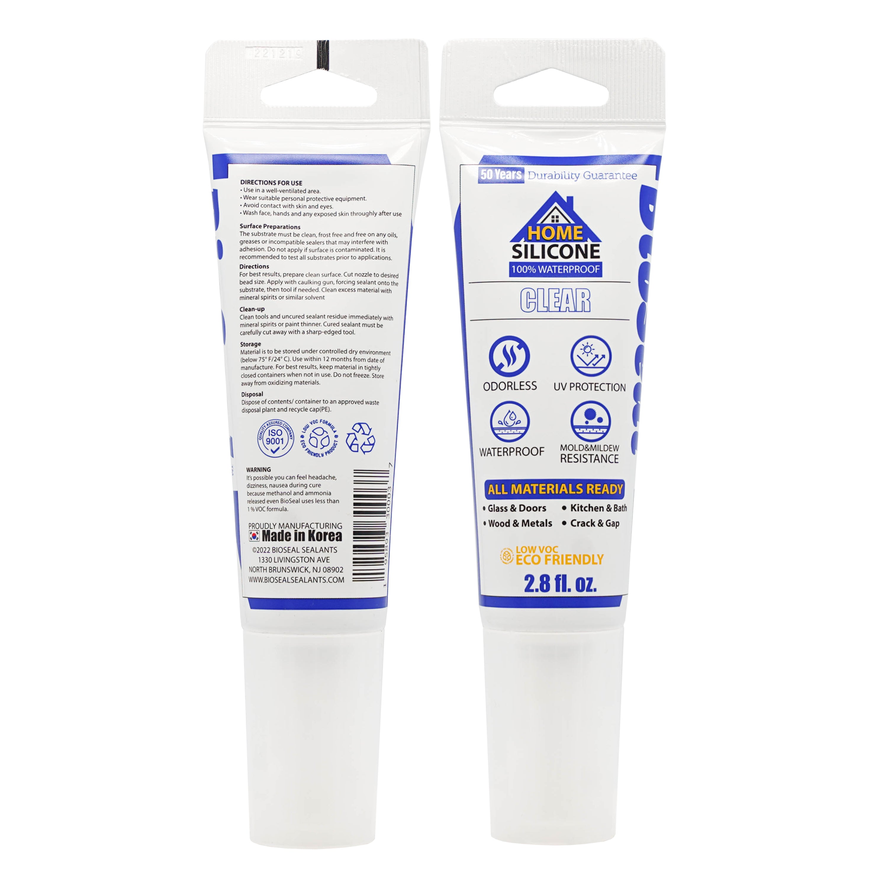 Home BioSeal Silicone Sealant Caulk 2.8oz, UV Protection, 100% Waterproof two side