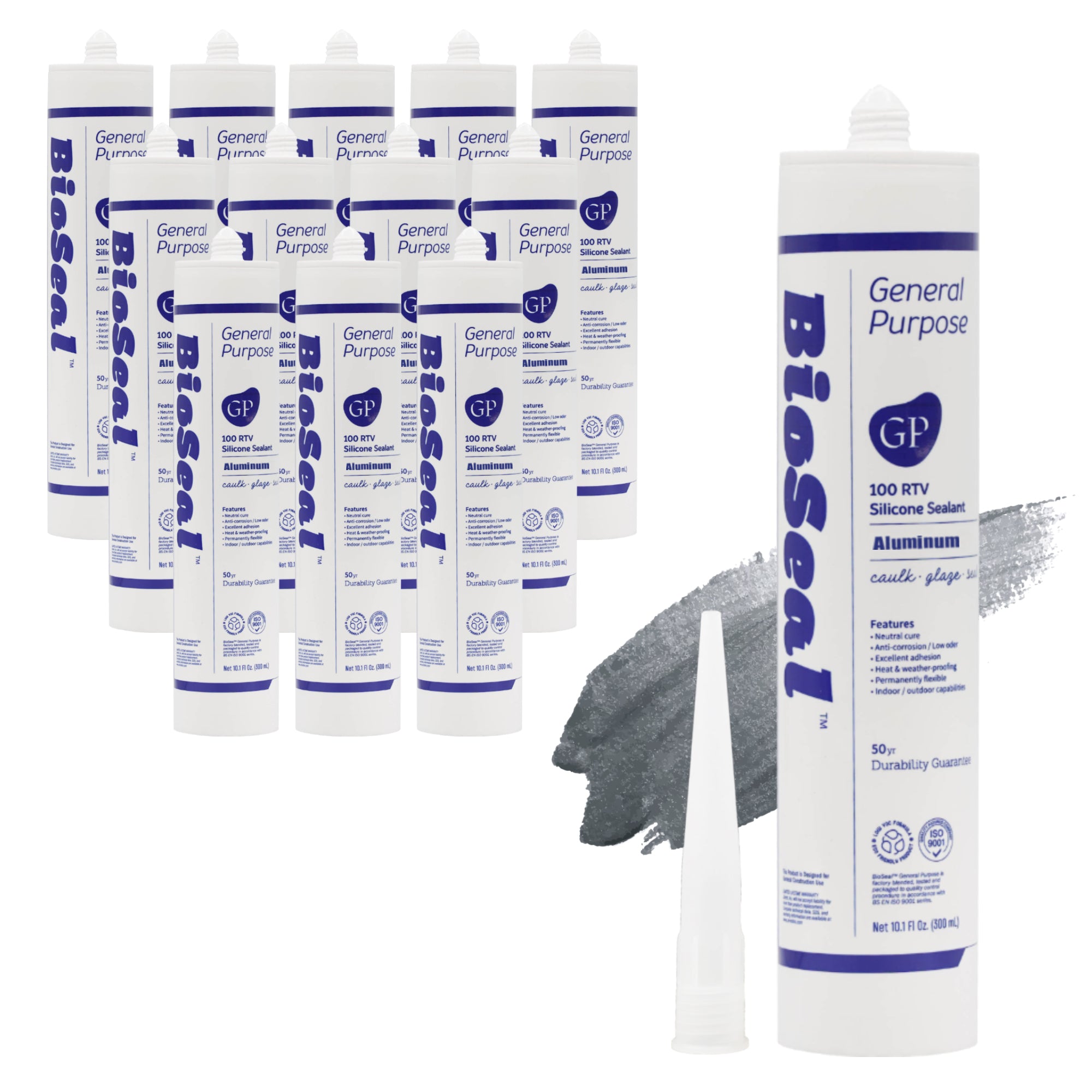 Aluminum General Purpose Bioseal silicone sealant 12 pack with single tube display