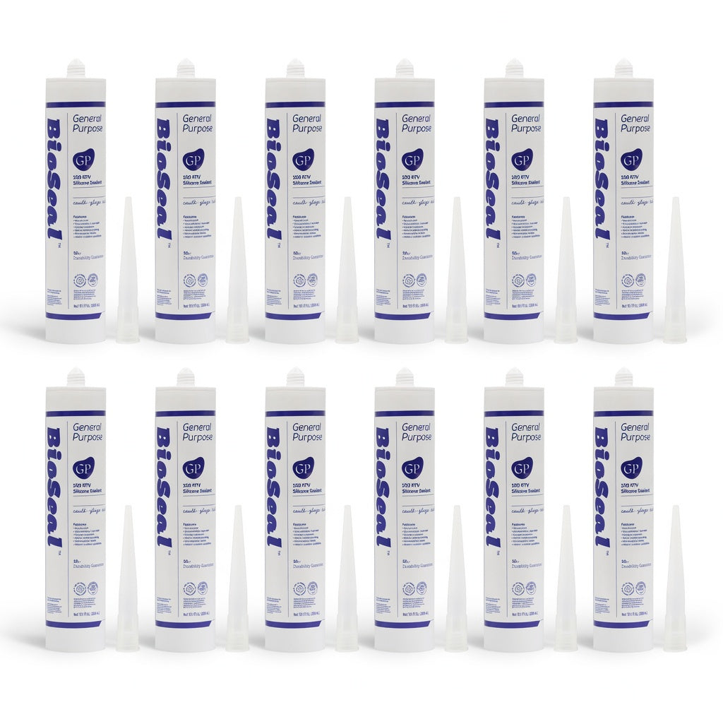 General Purpose BioSeal Silicone Caulk 10.1oz | 100% Waterproof Multi-Surface Sealant | Interior & Exterior | Clear, White, Black, Aluminum, Translucent