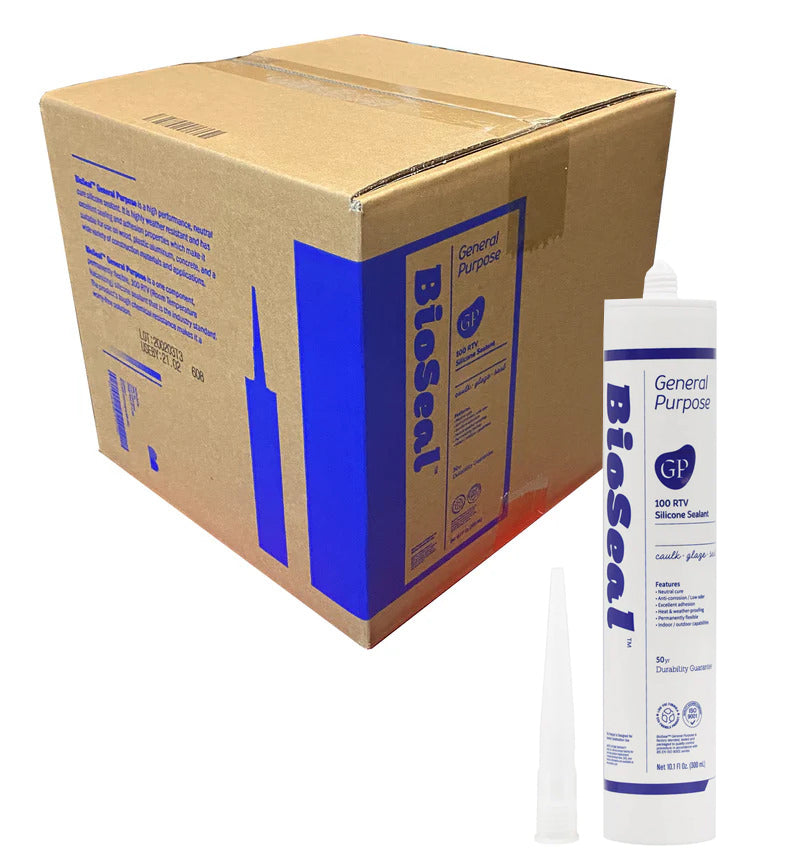 General Purpose BioSeal Silicone Caulk 10.1oz | 100% Waterproof Multi-Surface Sealant | Interior & Exterior | Clear, White, Black, Aluminum, Translucent