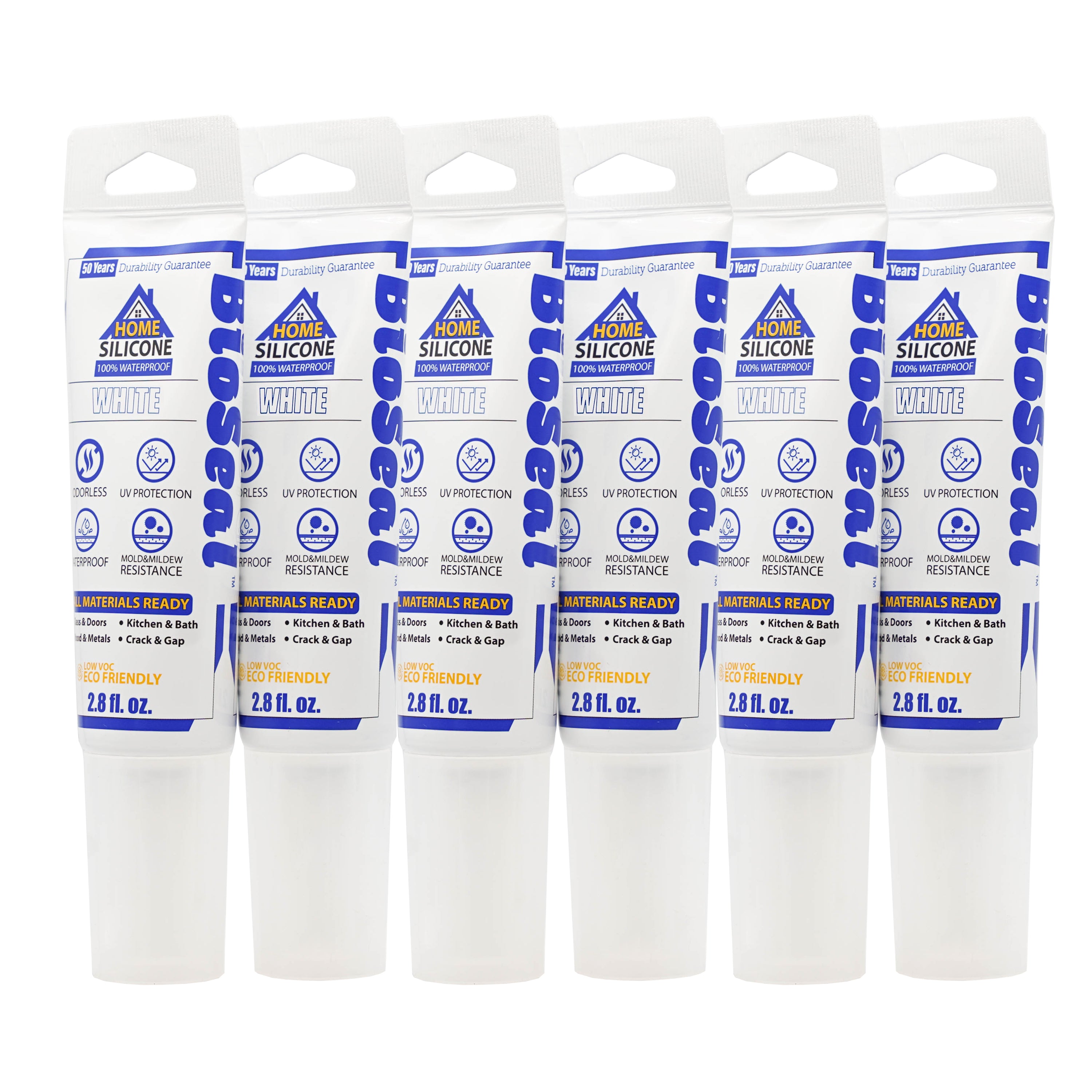 A set of six white 2.8 oz Bioseal home silicone sealant tubes for waterproofing