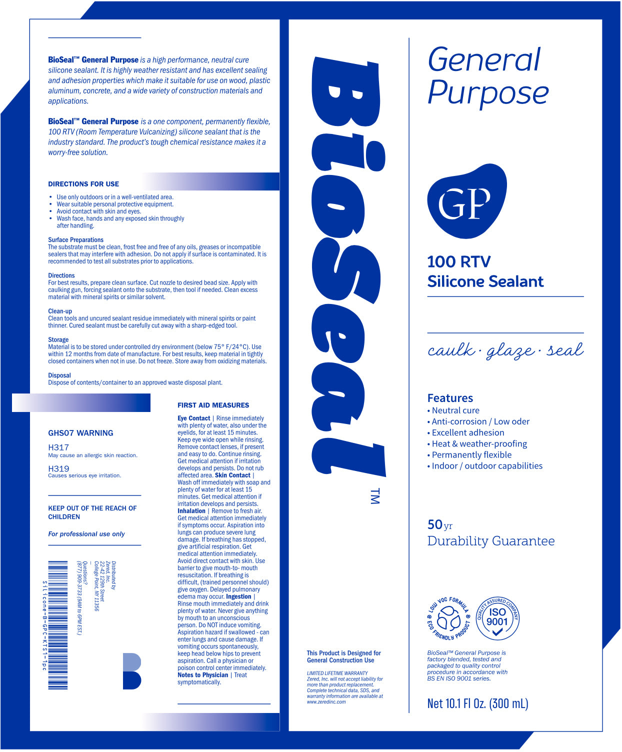 General Purpose BioSeal Silicone Caulk and Sealant 10.1oz, UV Protection, 100% RTV, Odorless